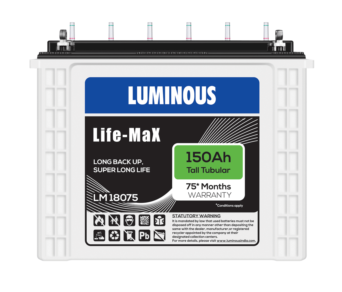 150Ah LIFE MAX Tall Tubular Battery (LM18075) in chennai, Luminous 150Ah LIFEMAX Tubular Battery (LM18075) price in chennai